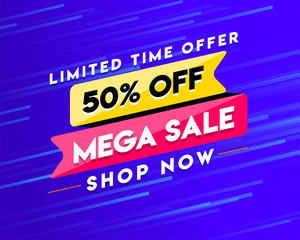 Limited Time Offer banner with 50% off Mega Sale Shop Now Button, Logo, Icon, Design, Sticker, Concept, Greeting Card Template, Poster, Unit, Label, Web, Mnemonic on blue motion background - Vector