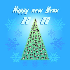 Vector illustration for the new year holiday. Year of the mouse or rat, as a symbol of 2020. Lettering and Christmas tree, snowflakes. Rats dance, mice on the tree. Bright illustrations.