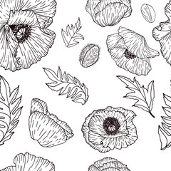 Vector seamless pattern with compositions of hand drawn leaves, flowers black poppys. Beautiful black and white endless background.