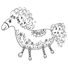 Outline horse vector illustration. Doodle outline horse with floral elements on white background. Floral ornament. Vector design. Portrait animal. Unicorn head silhouette. Drawing flowers