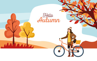 hello autumn season scene with girl in bicycle