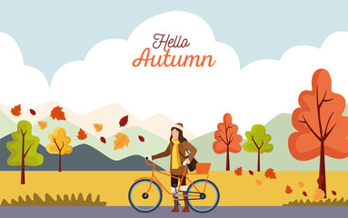 Naklejka premium hello autumn season scene with girl in bicycle