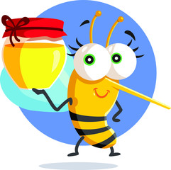Cute Bee Holding a Honey Jar Vector Character