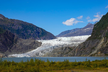 A view of Mendenhall Glacier in the Tongass National Forrest in Juneau, Alaska.