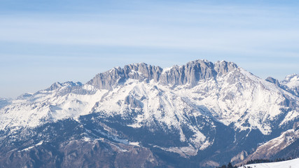 Fototapeta na wymiar Presolana is a mountain range of the Orobie, Italian Alps. Landscape in winter with snow