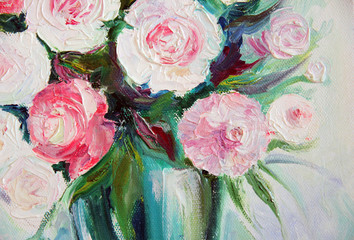 White and pink roses in a vase, oil painting on canvas, artwork. Pictures with different textures and colors.