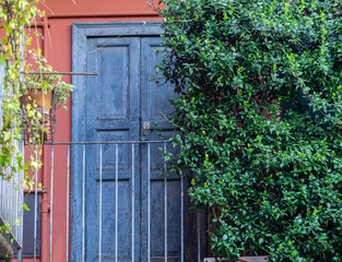 Fototapeta na wymiar door of an old courtyard house, made of wood painted blue