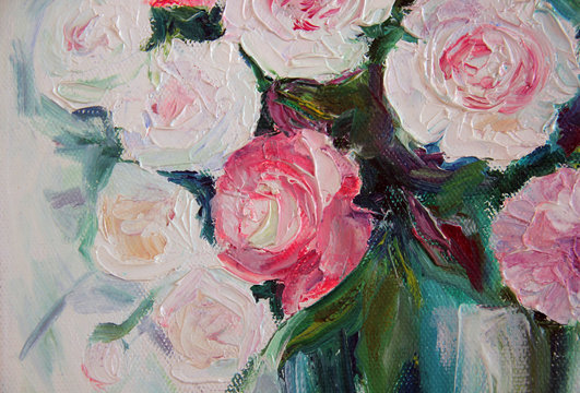 Roses in a vase, oil pasty painting on canvas, oil paintings, artwork. Pink and white roses.