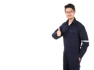 Professional Asian Engineer. Looking at camera ISOLATED on white background. THUMB UP POSE WITH COPY SPACE.