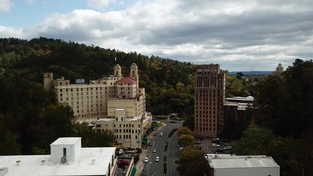 Aerial view of downtown Hot Springs AK in summer
