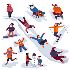 Naklejka premium Children sledding and playing outdoors in winter, skiing and snowboarding