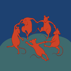 Funny illustration based on Matisse’s work. Mice perform the dance - a symbol of the new year 2020 according to the Chinese calendar. Funny and funny picture.