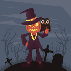 halloween dark scene with person costume of pumpkin