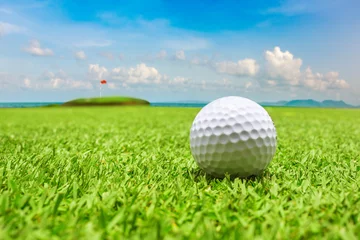 Poster Golf ball on green grass with the ocean background © tusumaru