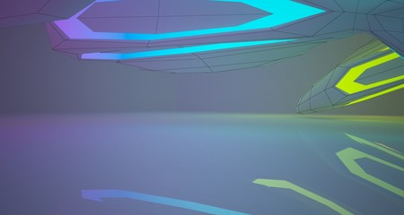 Abstract architectural drawing white interior of a minimalist house with color gradient neon lighting. 3D illustration and rendering.