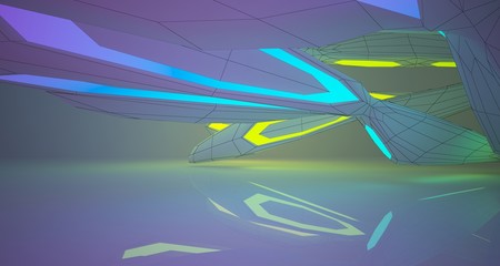 Abstract architectural drawing white interior of a minimalist house with color gradient neon lighting. 3D illustration and rendering.