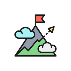 Vector mountain with arrow, mount, hill, target, goal flat color line icon.
