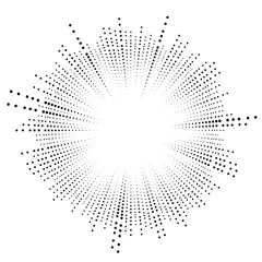 Halftone rays, beams. dots, dotted radial burst lines. Sparkle, fireworks, gleam design. Circular, concentric stripes. radiating, converging trail lines - obrazy, fototapety, plakaty