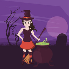 halloween dark scene with person costume of witch