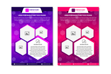 Abstract technology cover with hexagon elements. High tech brochure design concept. Futuristic business layout. Digital poster templates. gradient purple and pink colors. hexagon space for photo