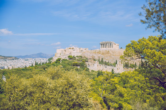 City Athens, Greece Republic. Acropolis and mountain. Sep 11 2019. Travel photo.