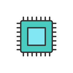 Vector CPU microprocessor, computer chip flat color line icon.