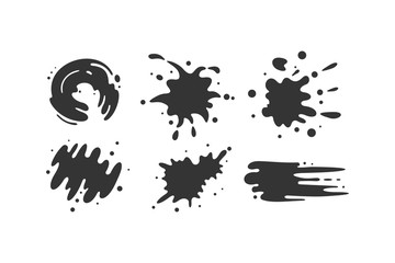 Black paint blots collection of vector icons. Cartoon paint splatters and ink splashes. - obrazy, fototapety, plakaty
