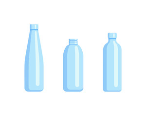 Plastic bottle set design flat oil and beverage. Set containers of different capacities large small tare.