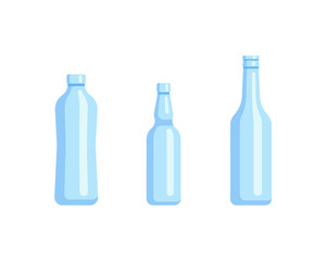 Plastic bottle set design flat oil and beverage. Set containers of different capacities large small tare.