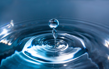 Water splash or drop. Water splash close-up. Blue water drop. Falling water