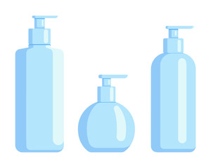 Plastic bottle set design flat oil and beverage. Set containers of different capacities large small tare.