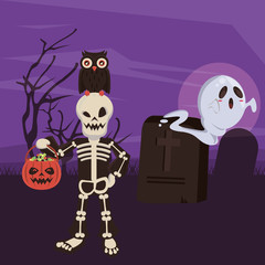 halloween dark scene with person disguised of skeleton