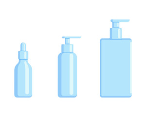 Plastic bottle set design flat oil and beverage. Set containers of different capacities large small tare.