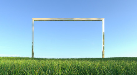 Green grass with frame and blue sky background. 3d rendering