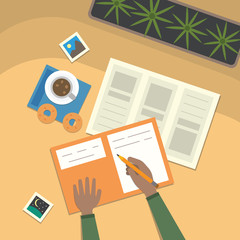 Study table and work desktop vector illustration set. school lesson studying and educational elements top view.