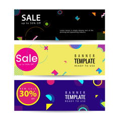Obraz premium Memphis style Banner Design Set of Colorful templates with geometric shapes, Perfect for Ad invitation, presentation Header, Page, Cover, Vector illustration