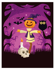 halloween dark scene with scarecrow pumpkin