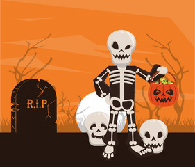 halloween dark scene with person disguised of skeleton