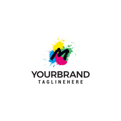 Letter M logo at colorful paint splash background design element template