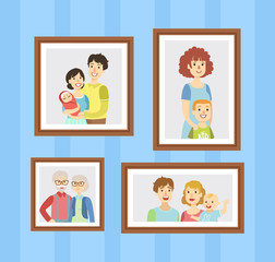 Family Photos Set, Pictures in Wooden Frames Hanging on the Wall Vector Illustration