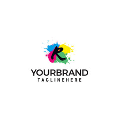 Obraz premium Letter R logo at colorful paint splash background design element template