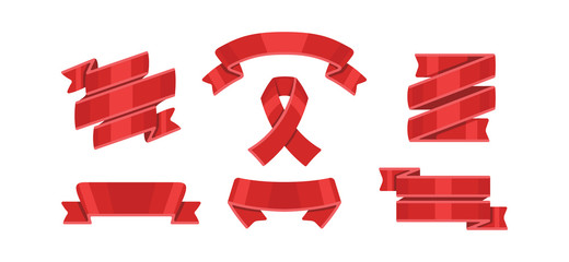 Red ribbons set, isolated on white background. Decorative ribbon banner collection.