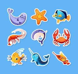 Collection of Stickers with Cute Friendly Sea Creatures, Colorful Adorable Marine Animals Vector Illustration