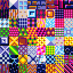 Textures tile seamless pattern mega set for pixel art style game, ground or stone, wood, fabric textures, brick wall. Isolated vector illustration. 8-bit. Design for stickers, logo, mobile app.