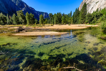 Mossy and sandy bottom of Merced river sparkles green looking towards half dome in Yosemite National Park