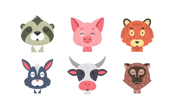 Cute animal faces vector set. Hand drawn animals characters. monkey, rabbit, tiger, pig, cow, sloth. Mammal kids.