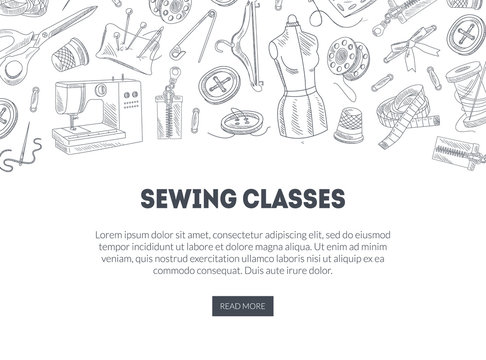 Sewing Classes Landing Page with Hand Drawn Sewing Supplies, Needlework, Tailoring Education, Website, Mobile App Template Vector Illustration