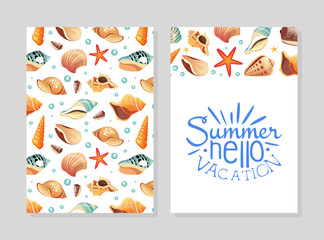 Hello Summer Vacation Card Template with Seashells, Design Element Can Be Used for Menu, Packaging, Flyer, Certificate Vector Illustration