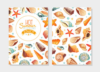 Enjoy Hot Summer Card Template with Seashells, Design Element Can Be Used for Menu, Packaging, Flyer, Certificate Vector Illustration
