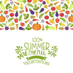 Summer Vegetarian Menu Banner Template With Fresh Organic Vegetables Seamless Pattern Vector Illustration